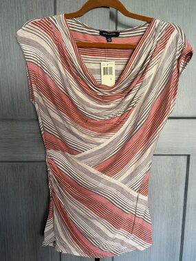 Max Edition Striped Cowl Neck Top NWT Size Large Red Gray Cream Draped Blouse